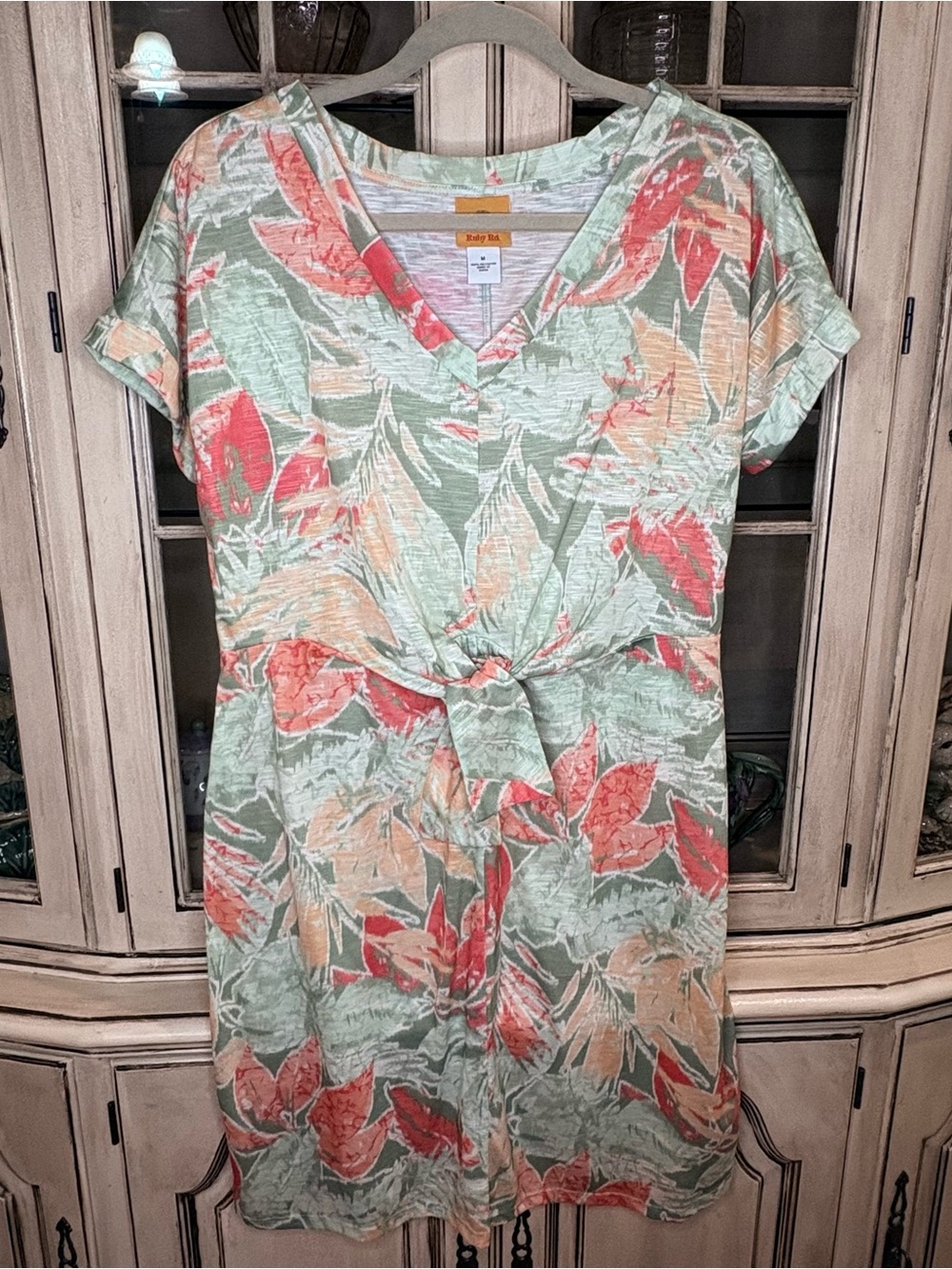 Ruby Rd. Mint Green Floral Midi Dress with Coral Accents
